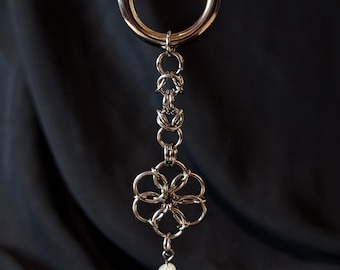 Chainmail bag charm. With white pearl. Minimalistic medieval charm for pouches.