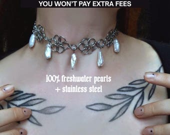 Chainmail with real pearls necklace. Freshwater and stainless steel. Medieval jewelry. Gothic style.