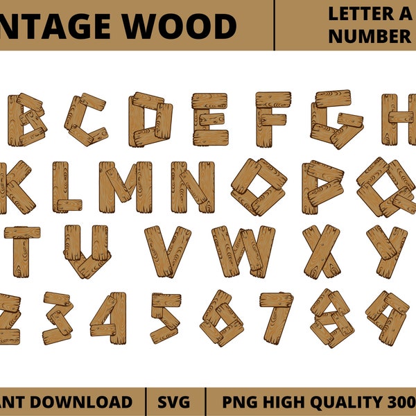 Vintage Wood Alphabet and Numbers Clipart, Wood Letters Clipart, Wood Alphabet, Wood Letter, Plank Alphabet and Number, Wood Font and Number