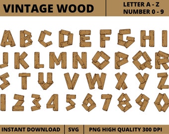 Vintage Wood Alphabet and Numbers Clipart, Wood Letters Clipart, Wood Alphabet, Wood Letter, Plank Alphabet and Number, Wood Font and Number