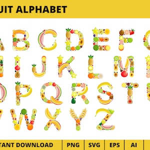 Fruit Alphabet Clipart, Fresh Fruit Alphabet Vector png svg eps ai, Healty Food Alphabet, Fruit Font, Fruit ABC, Alphabet Separate Letter