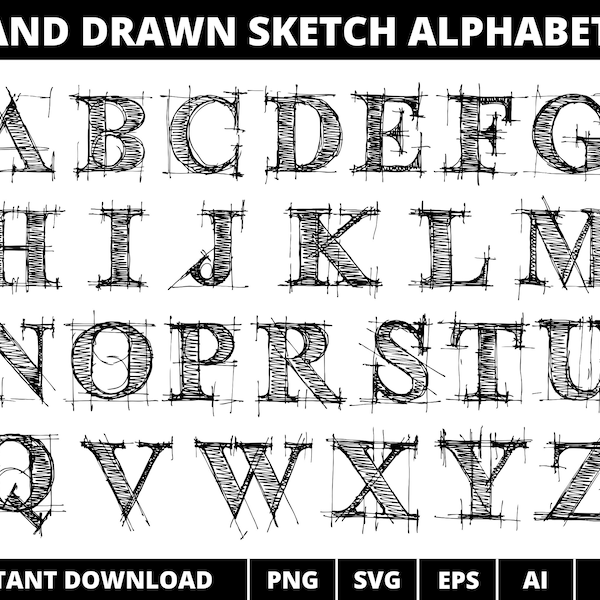 Hand Drawn Sketch Alphabet Clipart, Sketch Alphabet Vector png svg eps ai, Sketch Font, Sketch Letter, Sketch ABC, Alphabet Separate Letter