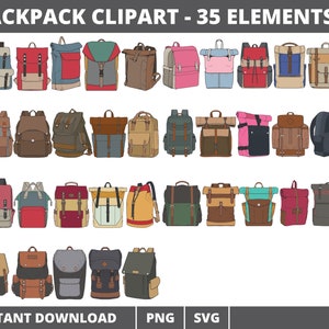 Sac à dos ensemble Clipart, sac png svg, Clipart sac, retour à l’école, sac d’école, sac d’aventure, sac de voyage