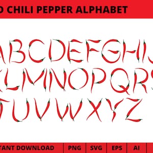 May include: Red chili pepper alphabet letters A through Z. Each letter is formed by a red chili pepper with a green stem.