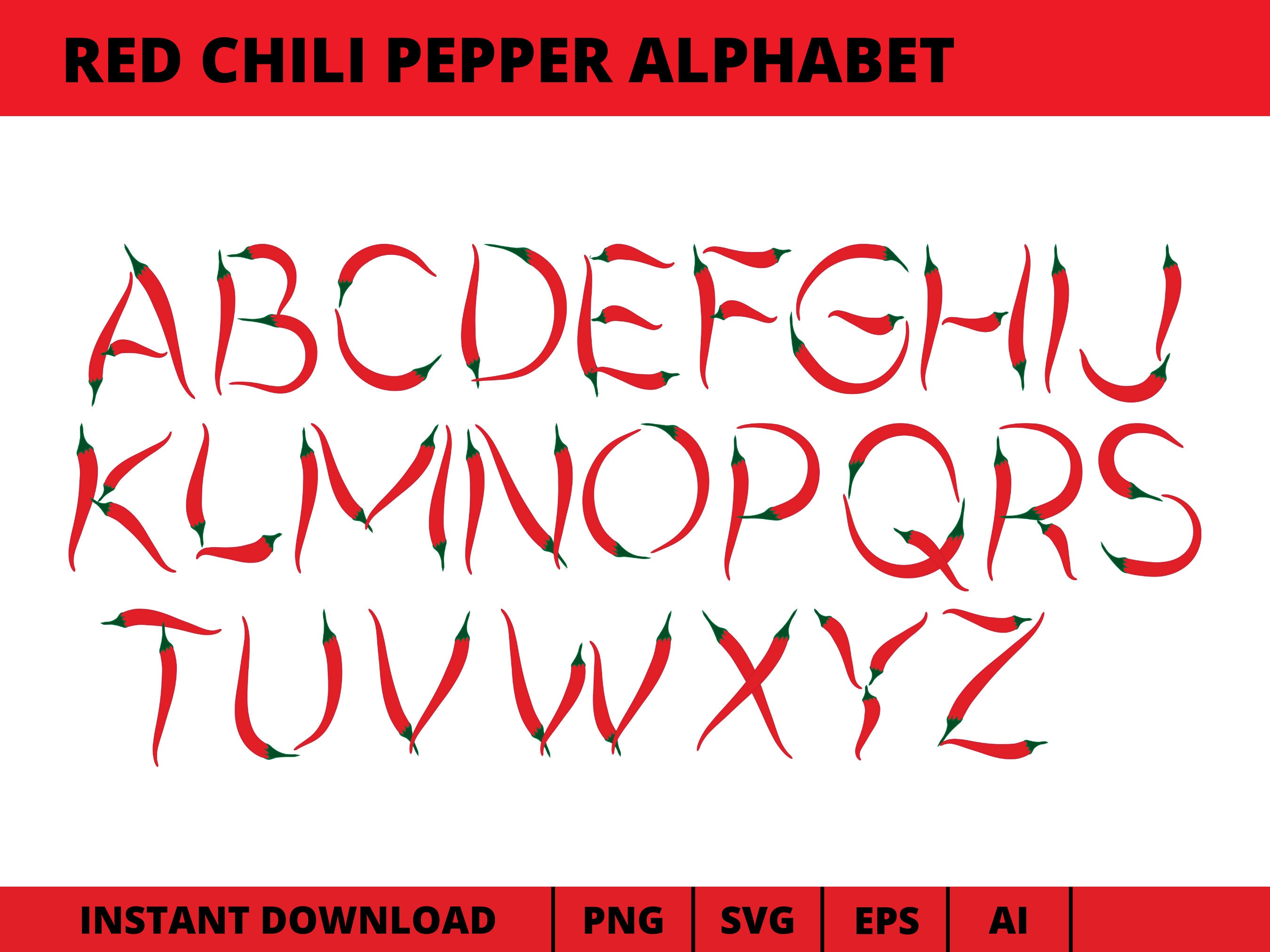 Red Chili Pepper Alphabet Clipart, Chili Alphabet Vector png svg eps ai, Spicy Alphabet, Hot Font, Alphabet Separate Letter