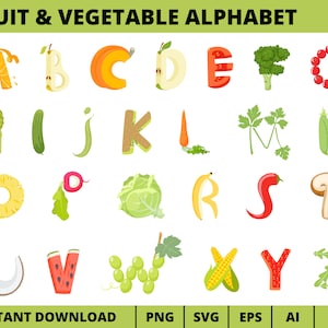 Clipart de alfabeto de frutas e vegetais, vetor de alfabeto de frutas e vegetais png svg eps ai, fonte de frutas e vegetais, letra de frutas e vegetais