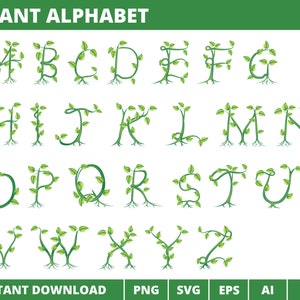 Imágenes prediseñadas del alfabeto de la planta, vector del alfabeto botánico png svg eps ai, fuente floral, letra del árbol, hojas verdes ABC, letra separada del alfabeto