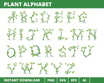 Plant Alphabet Clipart, Botanical Alphabet Vector png svg eps ai, Floral Font, Tree Letter, Green Leaves ABC, Alphabet Separate Letter