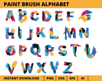 Pincel Pincel Alfabeto Clipart, Pincel de acuarela Alfabeto Vector png svg eps ai, Alfabeto colorido, Fuente graffiti, Alfabeto Letra separada
