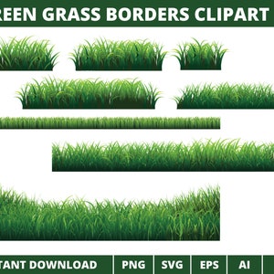 May include: A set of ten green grass border clipart images. The images are isolated on a white background. The grass borders are different sizes and shapes, and they can be used to create a variety of designs.