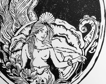 Under the Moon - hand-printed linocut print showing a mermaid standing in the sea with the moon above it 29.7 x 42 cm