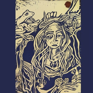The old Witch in the wood - handmade linocut print (blue/red) in the format 29.7 x 42 cm