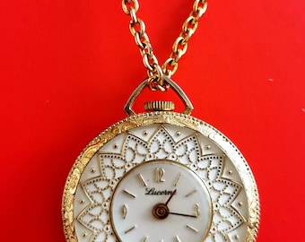 Vintage Lucerne Necklace Watch, Gold Plated Pendant, Swiss Made