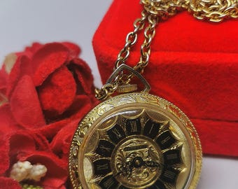 Vintage Ladies Necklace with pendant watch,, Lucerne &quot;Mechanical Gold tone Engraved flowers 1 Jewel Basic metal Swiss 1990&#39;s