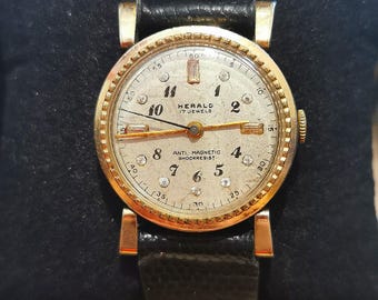 アンティーク 腕時計 スイス製 アルトン クレイグ １７石 メンズ 金色レクタン型 ブルガリ赤色クロコバンド ＯＨ済み 稼動中 / 精工舎 ヴィンテージ、ヘラルド 17 石 レディース 機械式腕時計 スイス製 耐磁性 耐衝撃 ゴールドトーン クリスタル アナログ 1970 年代