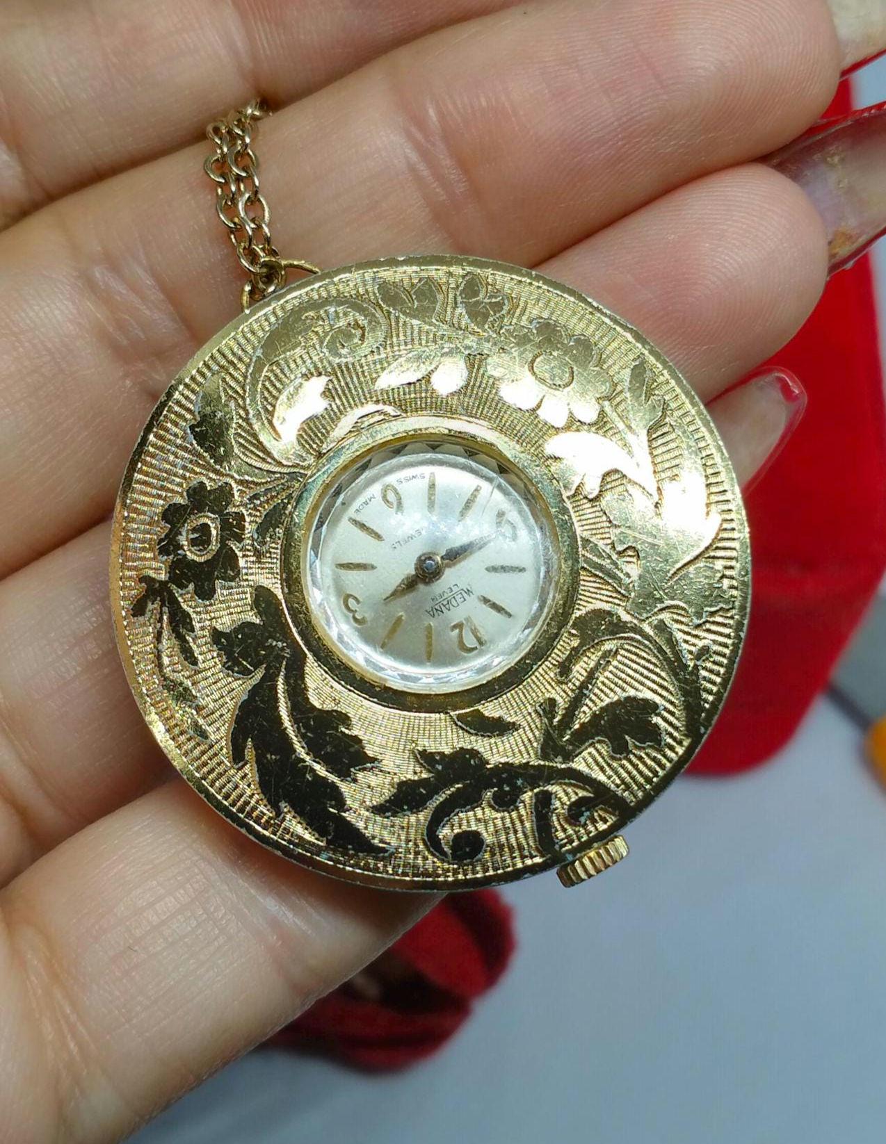 Vintage Medana Pendant Watch Necklace, 17 Jewels, Floral  display picture 1