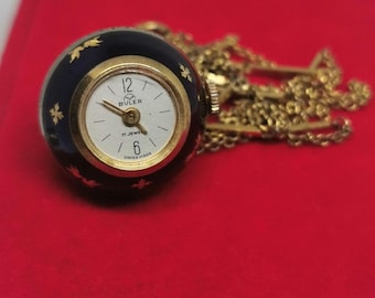 Vintage Zwitsers Buler-hanghorloge – blauw geëmailleerde bal, mechanische 17 juwelen ketting
