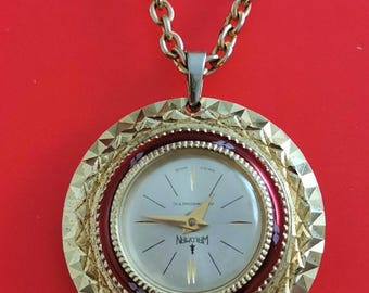Waldman Swiss Mechanical Vintage Ladies Watch Necklace, Gold Plated Pendant, 1980s