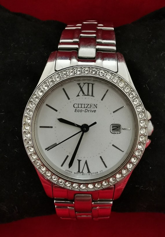 Vintage Citizen Eco-Drive EW1840-51B Women's Watch Mother of Pearl Dial Solar Quartz Diamond Bezel Stainles steel