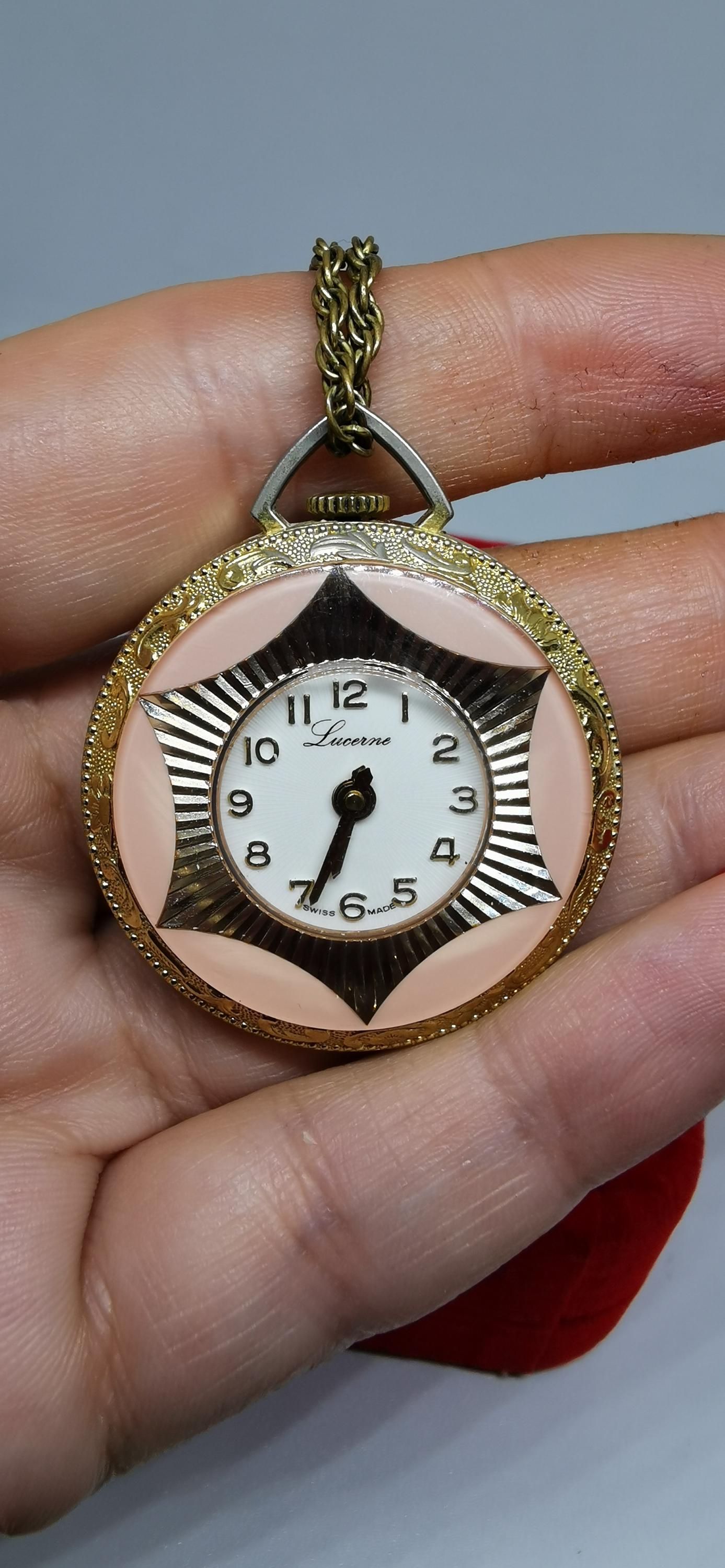 Vintage Lucerne Mechanical Watch Necklace: Swiss Made Floral 