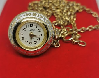 Vintage Smiths Ball Mechanical  Watch Necklace Pendant Gold Plated Floral Pendant, 1960s