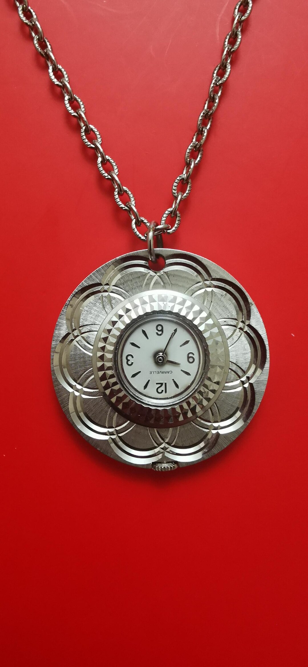 Vintage CARAVELLE by Bulova Watch Pendant on Decorative Pocket Chain c1970 Vintage 1975 Caravelle (Bulova) Swiss Necklace Pendant Watch  main image 2