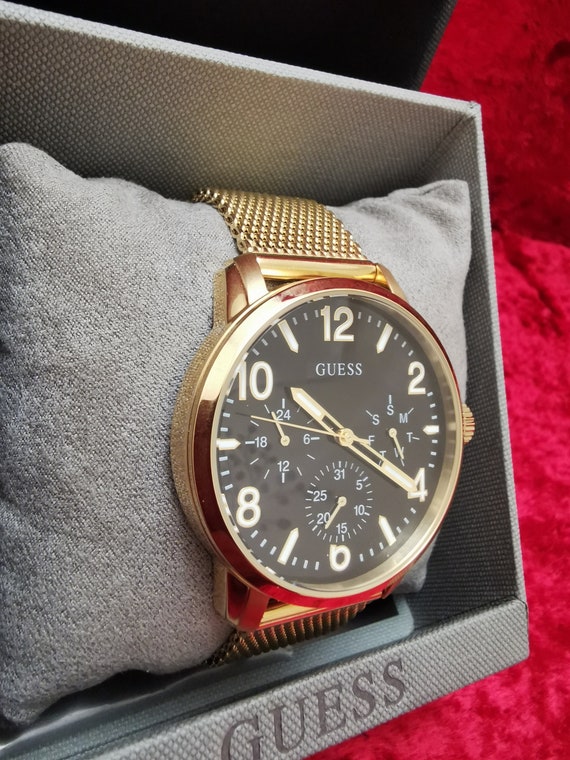 GUESS Gents Gold Voyagew1040g3 Watch Mesh Bracelet Black Dial Boxed Collectible Etsy