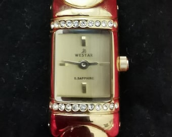 Vintage Westar S. Sapphire Gold Tone Uhr, Diamant Akzente, Schweizer Quarz, Saphirkristall