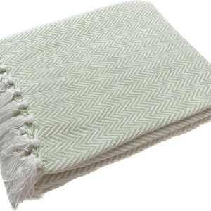 Sage Green and White |Throw Blanket for Couch 50"x60"|100% Cotton with Fringe|Lightweight Cozy Soft Blanket & Throw for Bed and Sofa