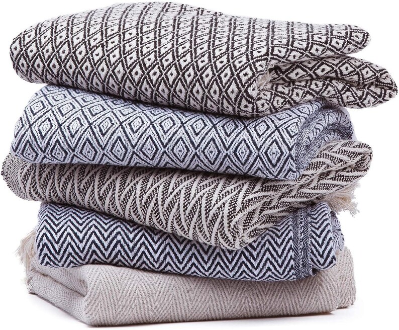 Blue and White throw Blanket for Couch 50x60100 Cotton With Fringe