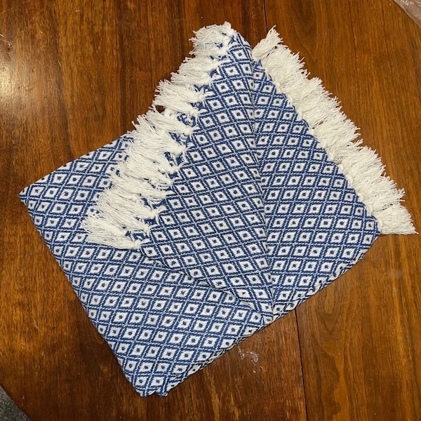 Blue and White |Throw Blanket for Couch 50"x60"|100% Cotton with Fringe |Lightweight Cozy Soft Blankets & Throws-Bed and Sofa