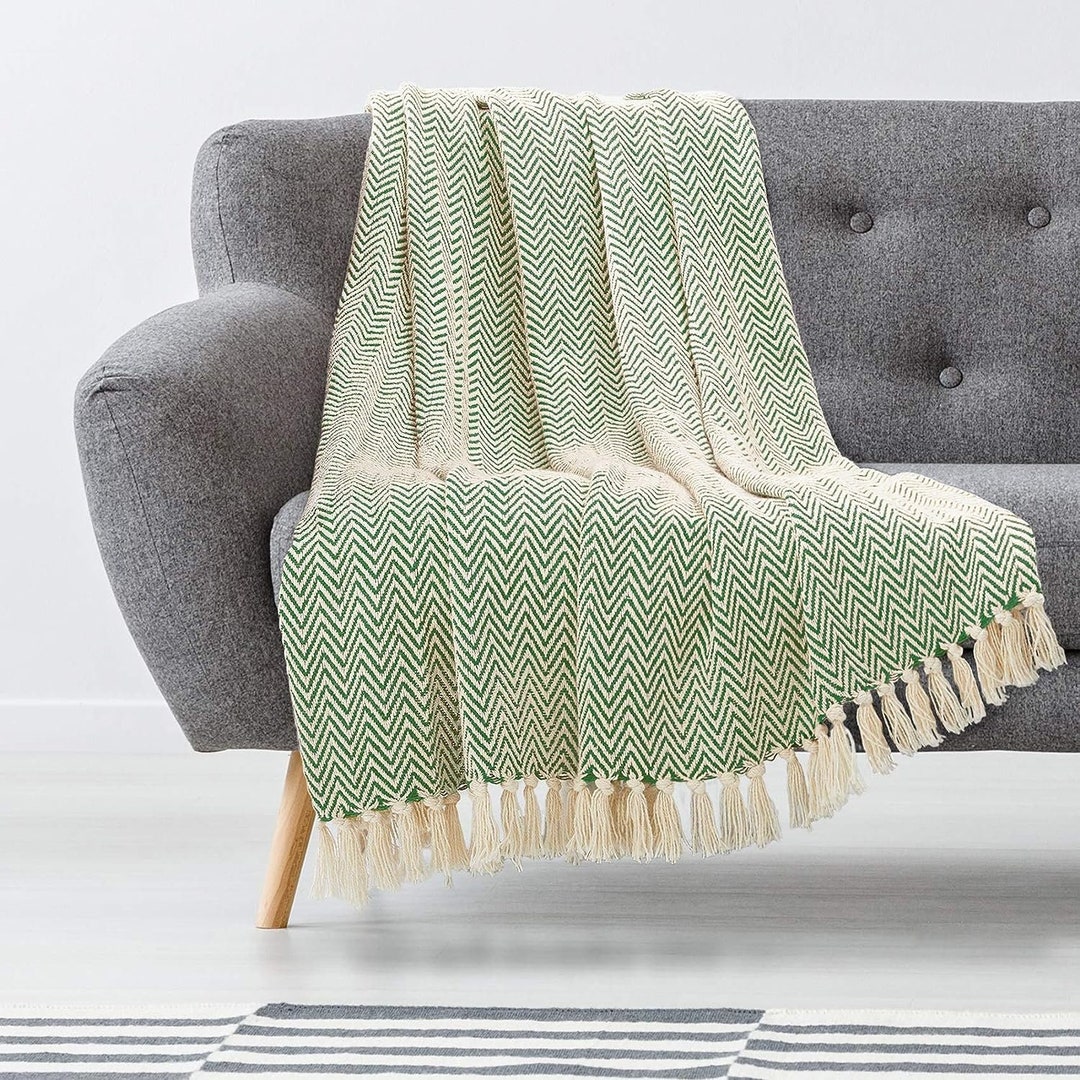 Spring Summer Plaid Throw Blanket for Couch Bed, Decorative White Green Stripe for Home Decor