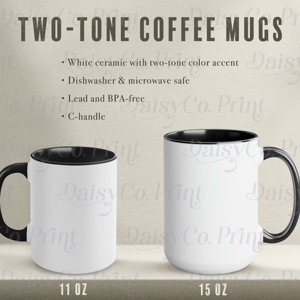 Two Tone Coffee Mug Size Chart, Two Tone Mug Mockup, Two Tone Ceramic Coffee Cup Mockup, 11 oz Mug Mockup, 15 oz Mug Mockup, POD Mug Mock up