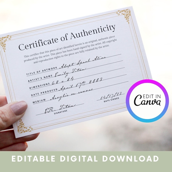 Certificate of Authenticity Template Canva Original Art Certificate Artist Authenticity Certificate Of Authenticity For Artwork Artist CoA