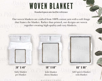 May include: Three woven blankets of different sizes are shown on a white background. The blankets are made of 100% cotton yarn and have a soft fringe. The sizes are 30" x 40", 50" x 60", and 60" x 80".