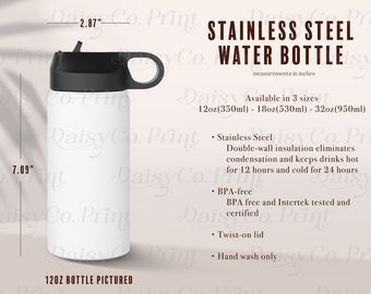 Stainless Steel Water Bottle Mockup, Stainless Steel Water Bottle Standard Lid Size Chart, Mockup Size Chart, Stainless Steel Bottle Mockup