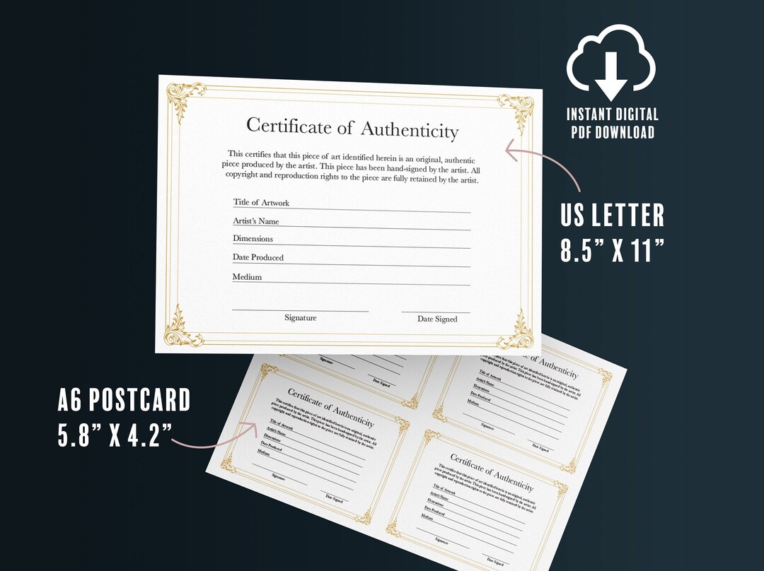 Certificate of Authenticity Cards Printable Original Artwork Coa Artist