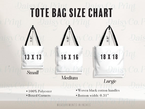 AOP Tote Bag Mockup Size Chart, Generic Brand Tote Bag Size Chart, AOP Canvas Tote Bag Mockup, Tote Bag Sizing Chart, Tote Bag Size Mockup
