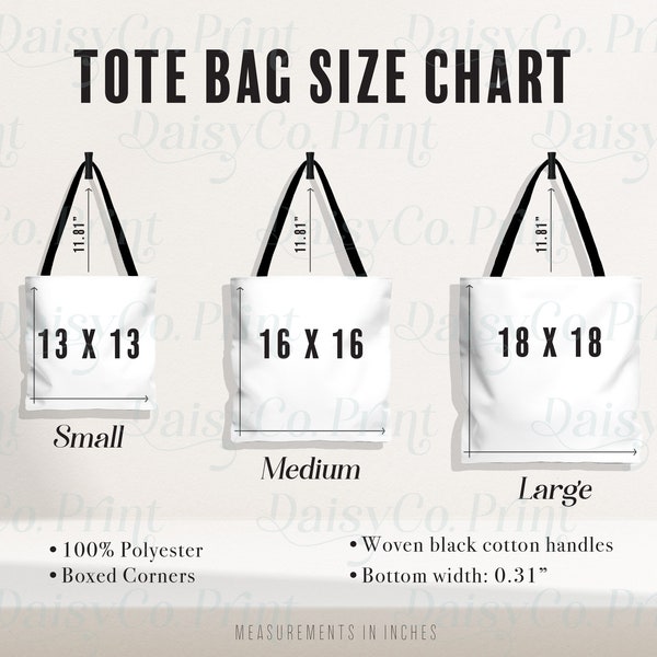 AOP Tote Bag Mockup Size Chart, Generic Brand Tote Bag Size Chart, AOP Canvas Tote Bag Mockup, Tote Bag Sizing Chart, Tote Bag Size Mockup