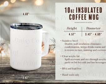10oz geïsoleerde koffiemok mockup, geïsoleerde koffiemok maattabel, generieke merk koffiemok, roestvrijstalen koffiemok mockup, herfst mockup