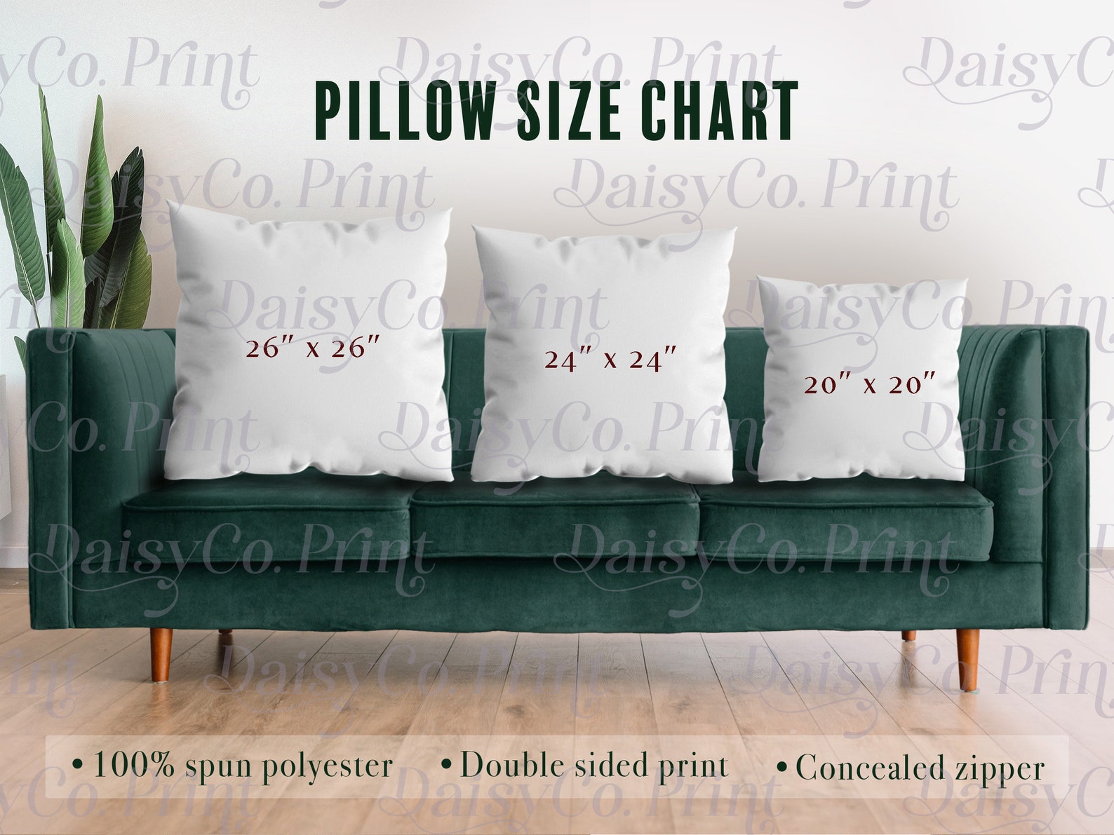Large Pillow Mockup Size Chart, Spun Polyester Square Pillow Mockup