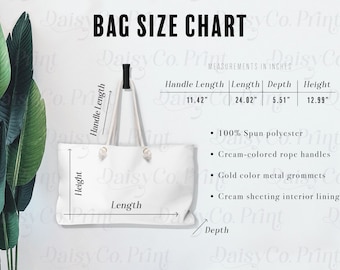 Weekender Bag Mockup, Weekender Bag Size Chart, Canvas Tote Mockup, Generic Brand Weekender Bag Printify Mockup, Weekender Bag Mock Up Size