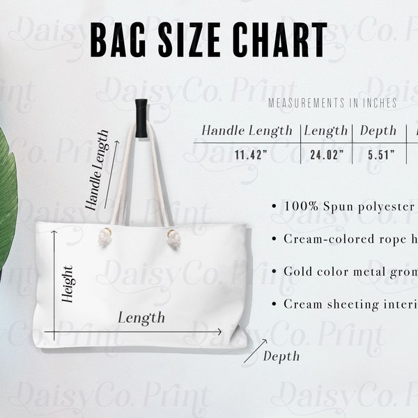 Weekender Bag Mockup, Weekender Bag Size Chart, Canvas Tote Mockup, Generic Brand Weekender Bag Printify Mockup, Weekender Bag Mock Up Size