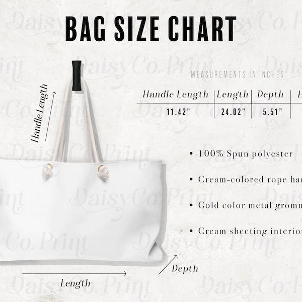 Weekender Bag Mockup, Weekender Bag Size Chart, Canvas Tote Mockup, Generic Brand Weekender Bag Printify Mockup, Weekender Bag Mock Up Size