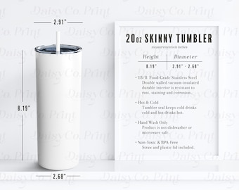 Tumbler Size Chart, 20oz Skinny Tumbler Mockup, Generic Brand Tumbler, Mockup Size Chart, 20 oz Skinny Tumbler Mock Up Chart, Straw Tumbler