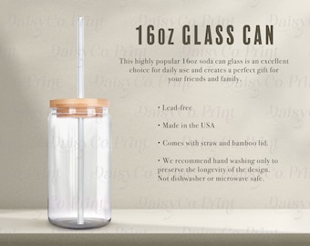 16oz Glass Can Mockup With Straw And Lid, Soda Can Glass Mockup, 16oz Libby Glass Mockup, Bamboo Lid Glass Mockup, 16oz Glass Size Chart