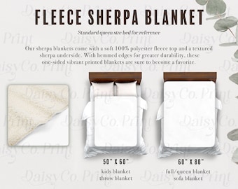 Pode incluir: Uma manta de sherpa de lã branca com um lado inferior texturizado. A manta é mostrada em uma cama queen-size para referência. A manta está disponível em dois tamanhos: 50" x 60" e 60" x 80".