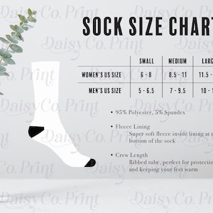 Sublimation Sock Mockup Size Chart Generic Brand Sock Size Chart Mockup All Over Print Crew Sock Sizing Chart Printify AOP Sock Mockup Size