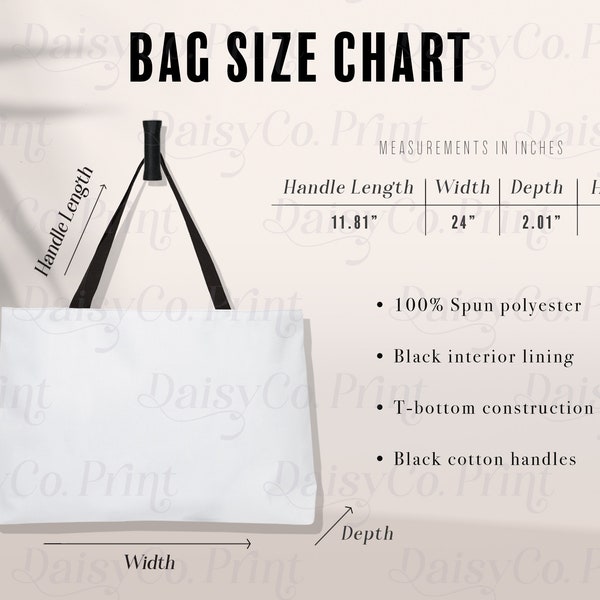 Black Handle Weekender Tote Bag Size Chart - Etsy