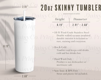 20oz Skinny Tumbler Mockup, Tumbler Size Chart, Generic Brand Tumbler, Mockup Size Chart, 20 oz Skinny Tumbler Mock Up, 20oz Tumbler Size